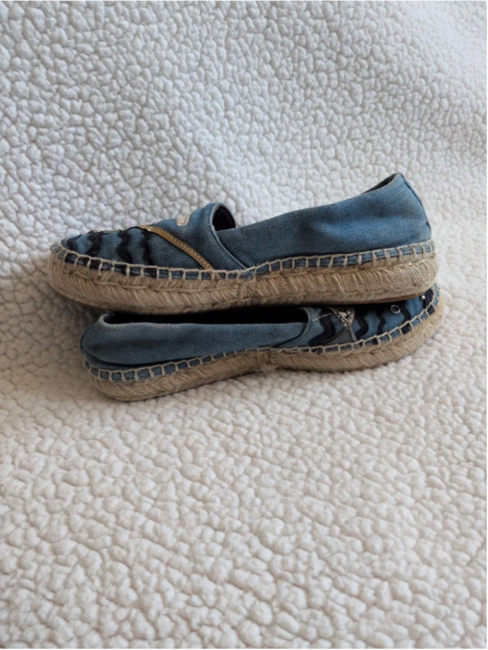 Tory Burch seaside nautical denim coastal fish resortwear espadrilles sandals